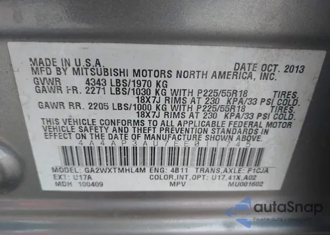 2014 Mitsubishi Outlander Sport Es z USA, uszkodzony, nr VIN 4A4AP3AU7EE011745